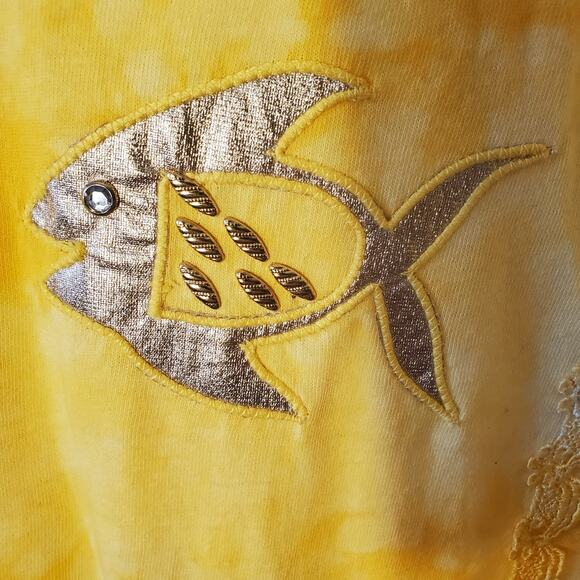 Cotton Code Yellow Maxi Dress Size L XL Tall Applique Short Sleeve Tie Dye USA - Picture 2 of 10